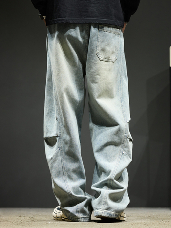 Férfi denim nadrág, vintage amerikai stílus, mosott patchwork, lazán szabott egyenes szár, cargo zsebek