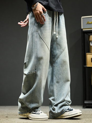 Férfi denim nadrág, vintage amerikai stílus, mosott patchwork, lazán szabott egyenes szár, cargo zsebek