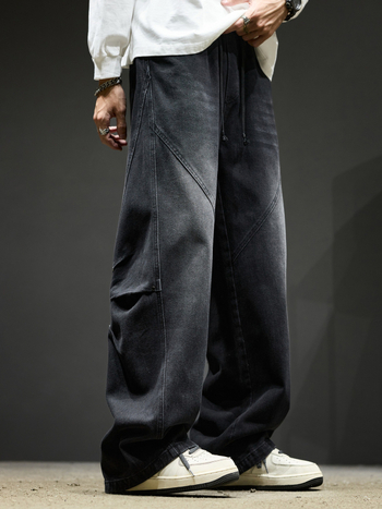 Férfi denim nadrág, vintage amerikai stílus, mosott patchwork, lazán szabott egyenes szár, cargo zsebek