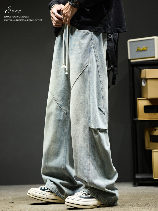 Férfi denim nadrág, vintage amerikai stílus, mosott patchwork, lazán szabott egyenes szár, cargo zsebek