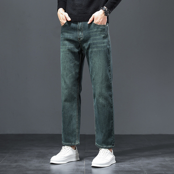 Ανδρικά τζιν με ψηλή μέση, ελαστικό slim-fit ίσιο κόψιμο, χοντρό ντένιμ, πράσινο φρούτο, κοντό μήκος, καθημερινή χρήση