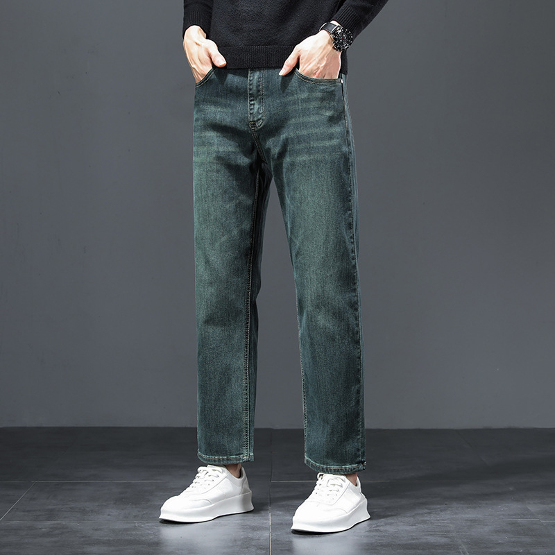 Ανδρικά τζιν με ψηλή μέση, ελαστικό slim-fit ίσιο κόψιμο, χοντρό ντένιμ, πράσινο φρούτο, κοντό μήκος, καθημερινή χρήση