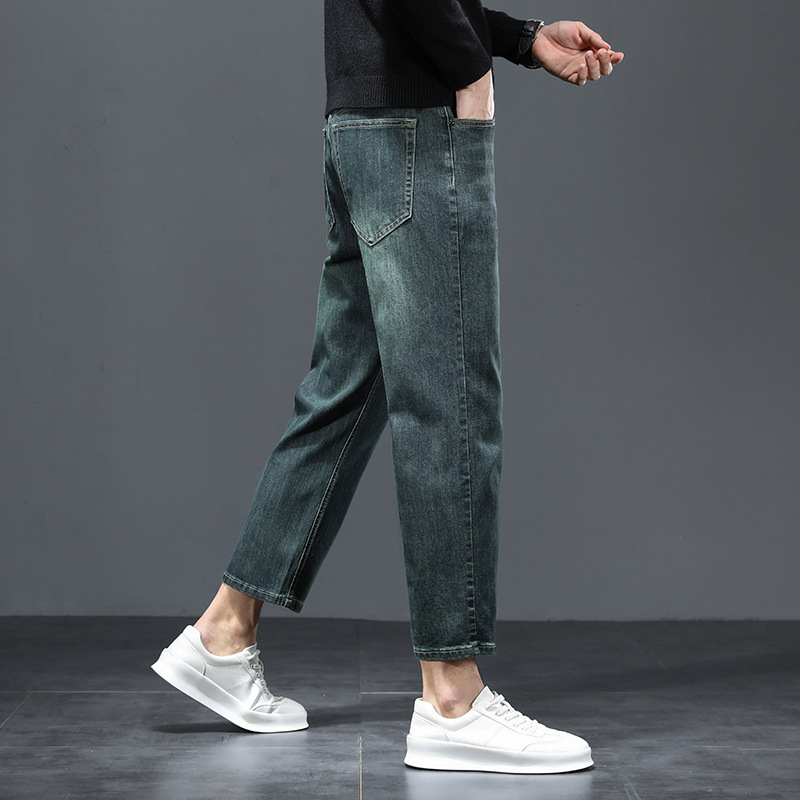 Ανδρικά τζιν με ψηλή μέση, ελαστικό slim-fit ίσιο κόψιμο, χοντρό ντένιμ, πράσινο φρούτο, κοντό μήκος, καθημερινή χρήση