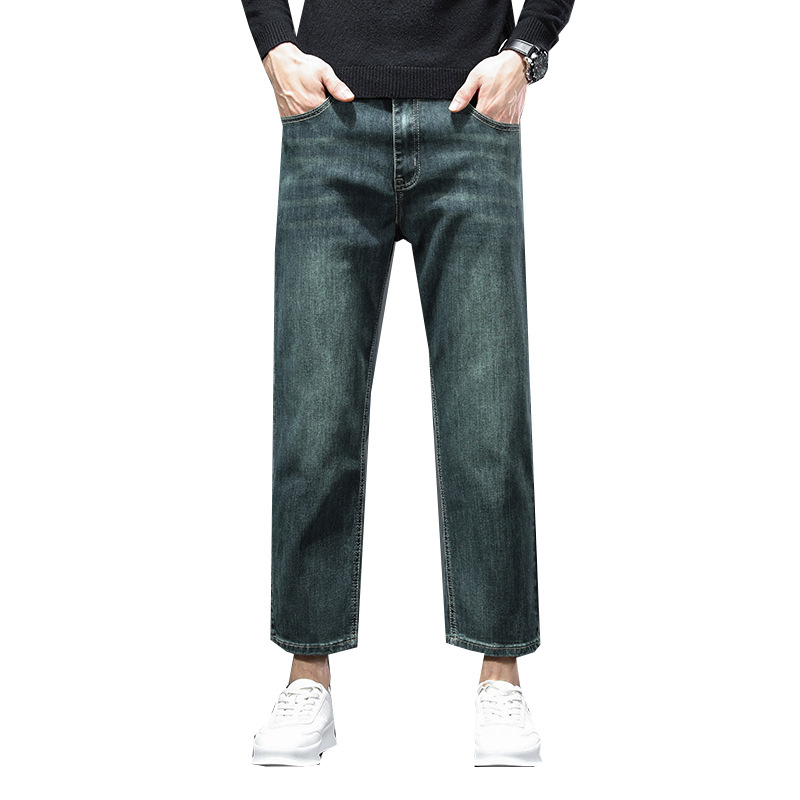 Ανδρικά τζιν με ψηλή μέση, ελαστικό slim-fit ίσιο κόψιμο, χοντρό ντένιμ, πράσινο φρούτο, κοντό μήκος, καθημερινή χρήση