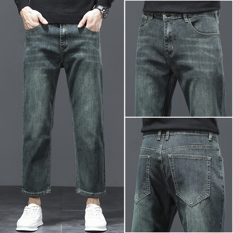 Ανδρικά τζιν με ψηλή μέση, ελαστικό slim-fit ίσιο κόψιμο, χοντρό ντένιμ, πράσινο φρούτο, κοντό μήκος, καθημερινή χρήση