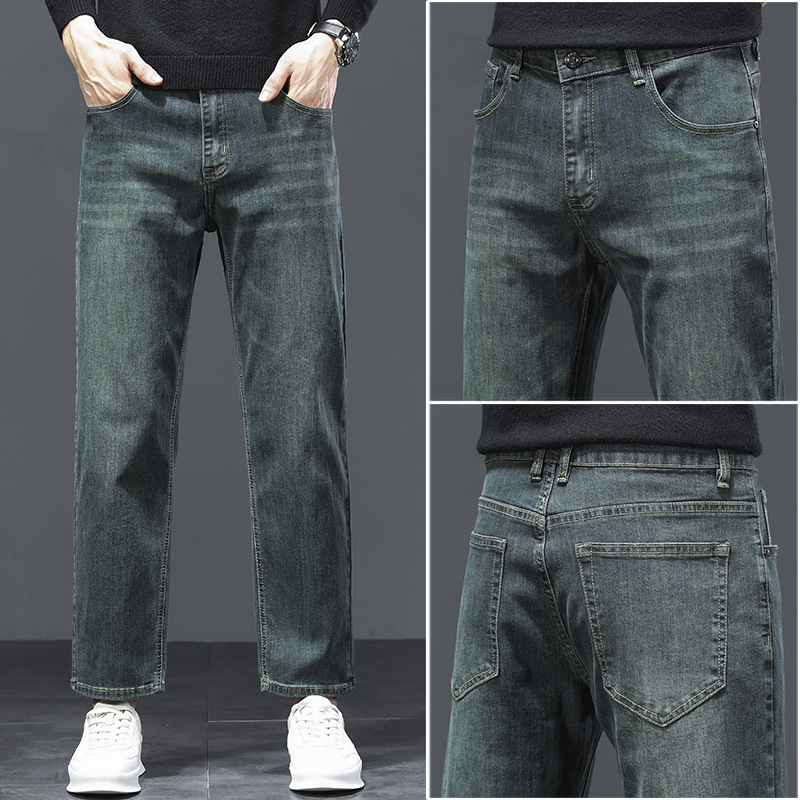 Ανδρικά τζιν με ψηλή μέση, ελαστικό slim-fit ίσιο κόψιμο, χοντρό ντένιμ, πράσινο φρούτο, κοντό μήκος, καθημερινή χρήση