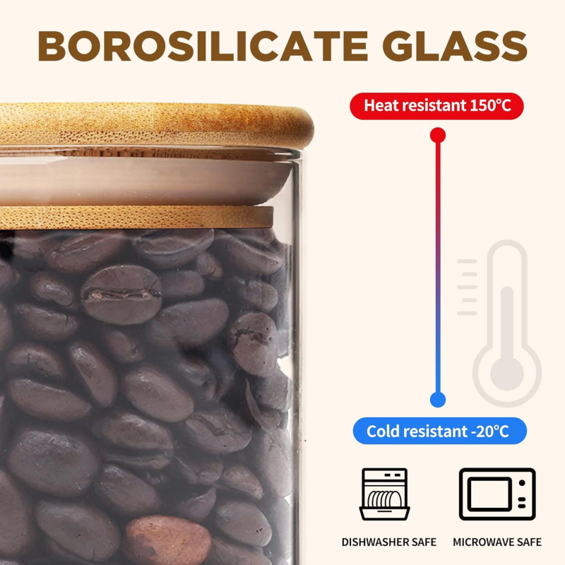 Prozirna staklena posuda za kuhinju s zatvaračem poklopom, za čaj, žitarice i užine; borosilikatno staklo, prehrambena kvaliteta, okrugli oblik, 800–1000 ml, pogodna za mikrovalnu