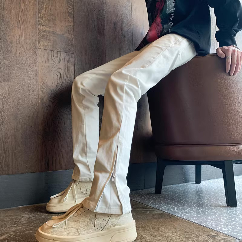 Λευκά ανδρικά τζίν από denim, στενή εφαρμογή, street style, φθινοπωρινή αμερικανική αύρα, φερμουάρ, σχίσιμο στο τελείωμα, ίσια γραμμή