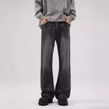 JIAMU Φθινοπωρινό-χειμερινό baggy παντελόνι από slub denim για άνδρες, μαύρη πλύση, ελαφρώς φαρδιές, vintage αμερικάνικο στυλ