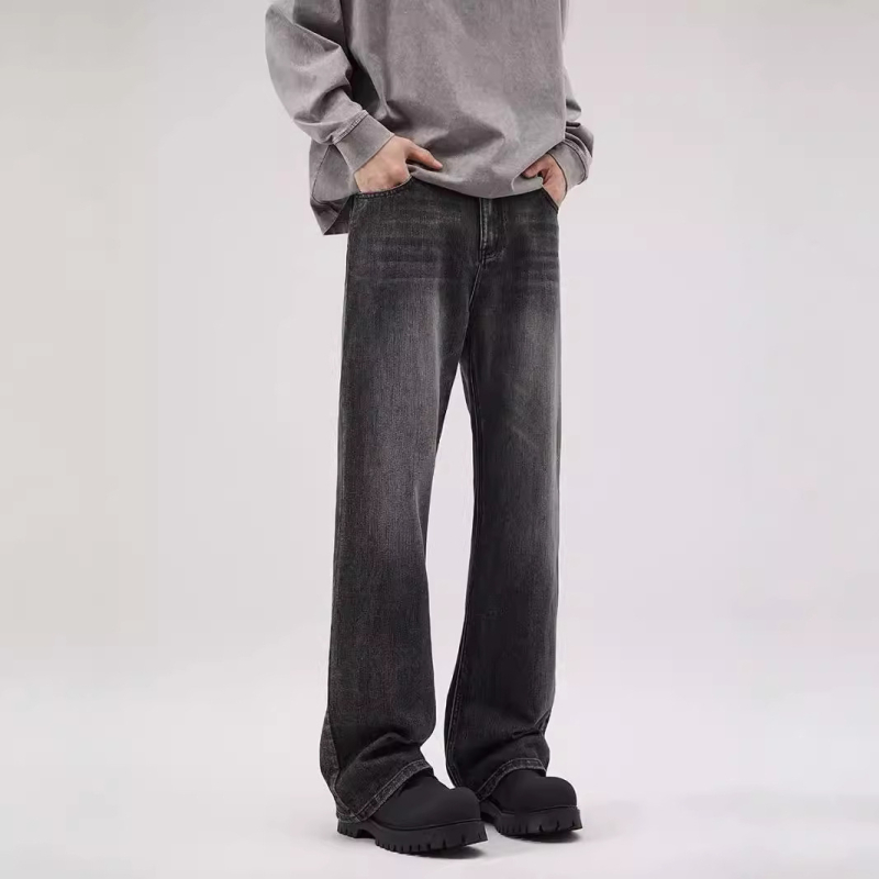 JIAMU Φθινοπωρινό-χειμερινό baggy παντελόνι από slub denim για άνδρες, μαύρη πλύση, ελαφρώς φαρδιές, vintage αμερικάνικο στυλ