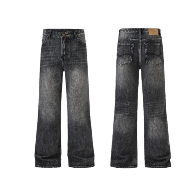 JIAMU Φθινοπωρινό-χειμερινό baggy παντελόνι από slub denim για άνδρες, μαύρη πλύση, ελαφρώς φαρδιές, vintage αμερικάνικο στυλ