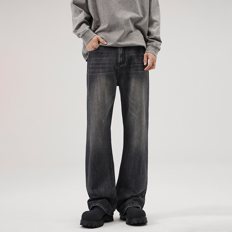 JIAMU Φθινοπωρινό-χειμερινό baggy παντελόνι από slub denim για άνδρες, μαύρη πλύση, ελαφρώς φαρδιές, vintage αμερικάνικο στυλ