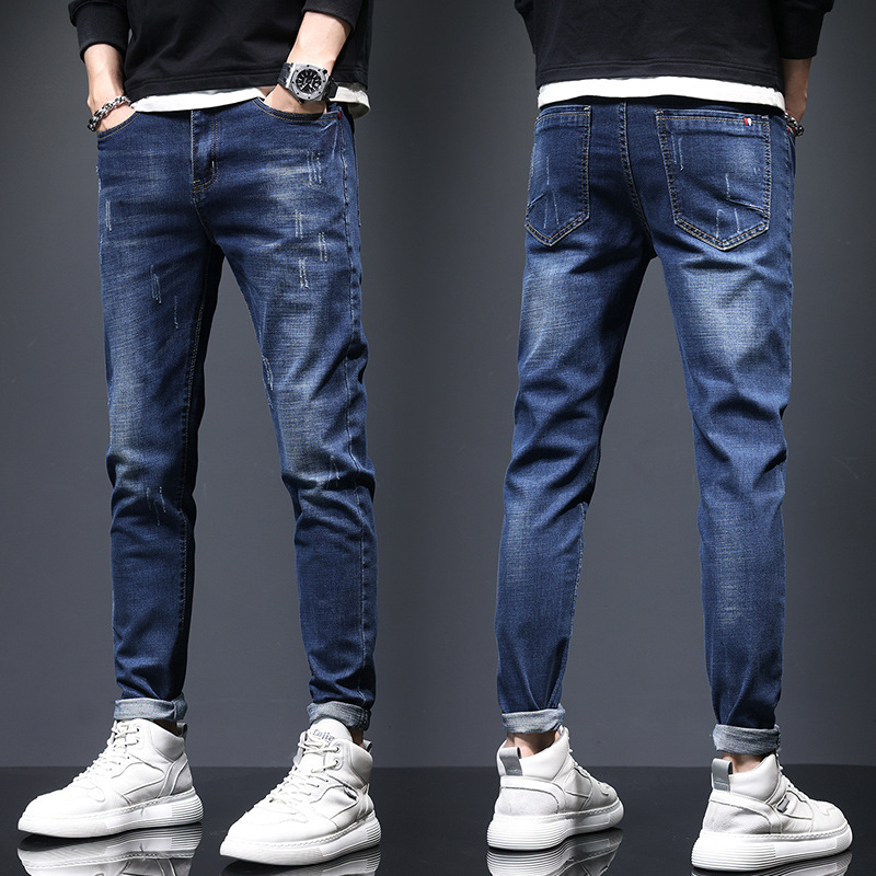 Férfi farmernadrág whisker fade-dal, vintage mosott, slim straight fazon, mindennapi viselet