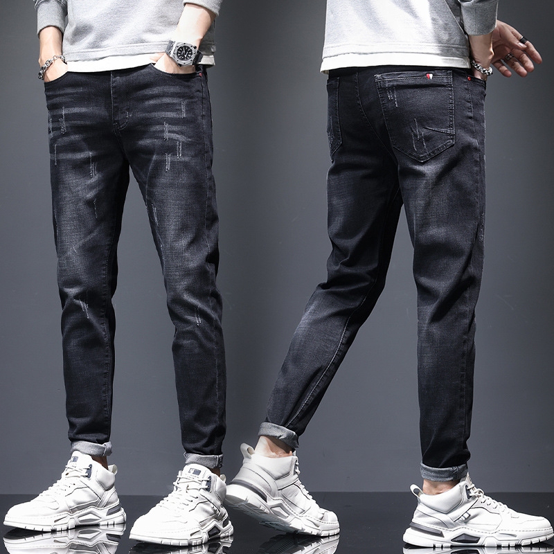 Férfi farmernadrág whisker fade-dal, vintage mosott, slim straight fazon, mindennapi viselet