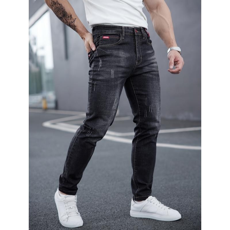 Férfi farmernadrág whisker fade-dal, vintage mosott, slim straight fazon, mindennapi viselet