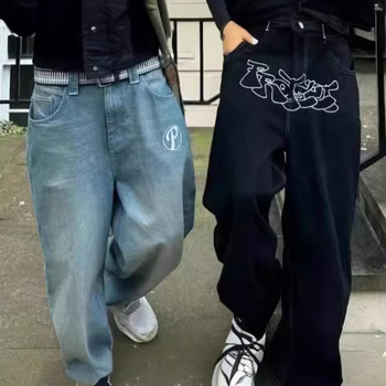 Férfiaknak baggy denim nadrág – utcakép retro hip-hop, magas derekú, egyenes szárú
