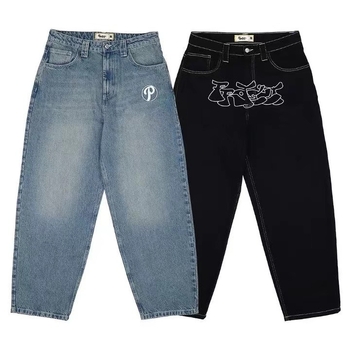 Férfiaknak baggy denim nadrág – utcakép retro hip-hop, magas derekú, egyenes szárú