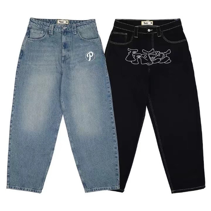 Férfiaknak baggy denim nadrág – utcakép retro hip-hop, magas derekú, egyenes szárú