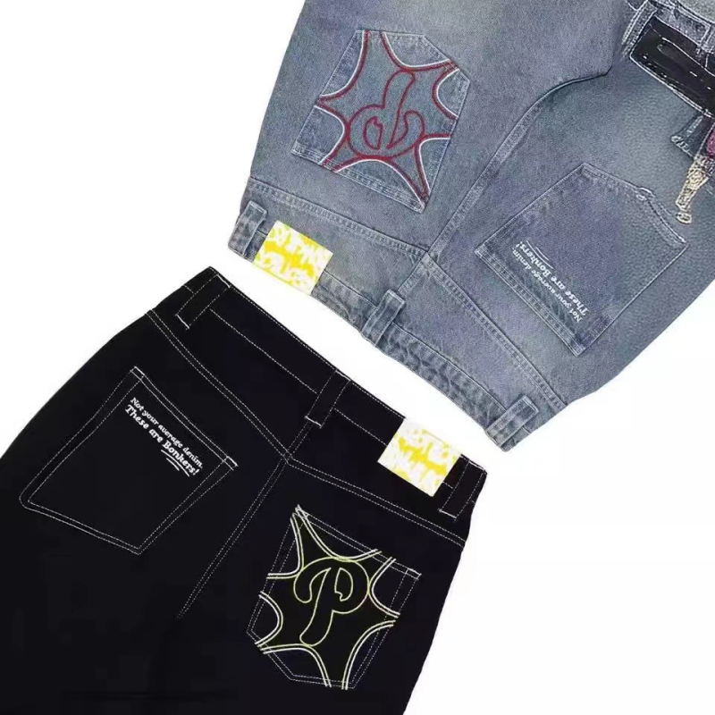 Férfiaknak baggy denim nadrág – utcakép retro hip-hop, magas derekú, egyenes szárú