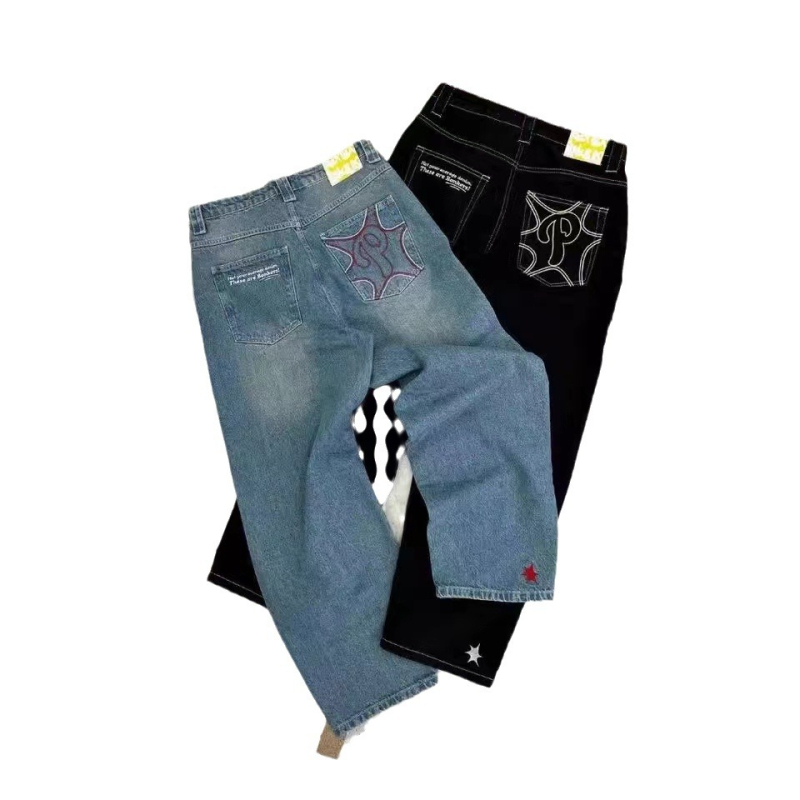 Férfiaknak baggy denim nadrág – utcakép retro hip-hop, magas derekú, egyenes szárú