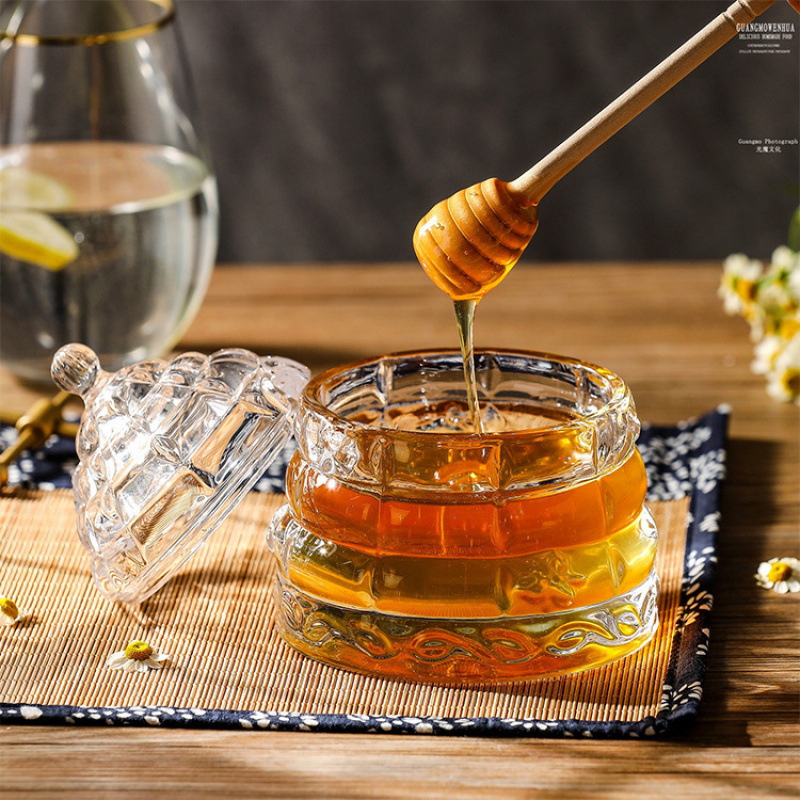 Konusna staklena posuda za pohranu u zapadnom stilu, set s drvenom žličicom za sirup i med