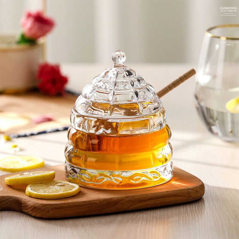 Konusna staklena posuda za pohranu u zapadnom stilu, set s drvenom žličicom za sirup i med