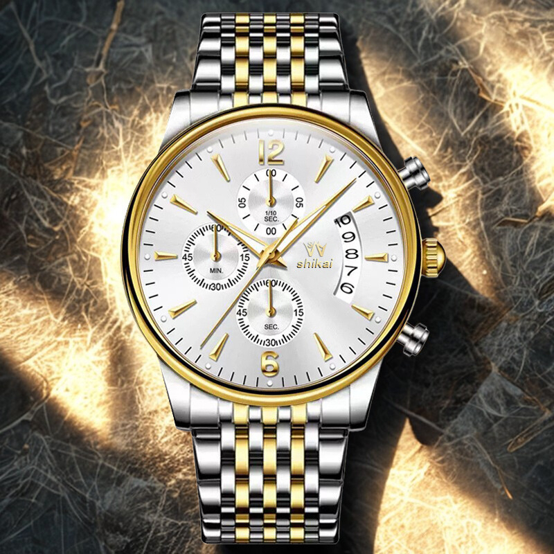 Muški modni poslovni sat s višefunkcijskim kvarcnim mehanizmom, luminescencijskog brojčanika, vodootporan, okruglo kućište promjera 42 mm, nehrđajući čelični kaiš.