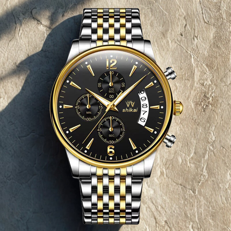 Muški modni poslovni sat s višefunkcijskim kvarcnim mehanizmom, luminescencijskog brojčanika, vodootporan, okruglo kućište promjera 42 mm, nehrđajući čelični kaiš.