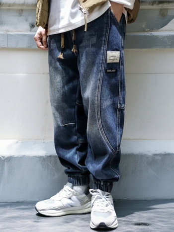 Ανδρικά τζιν σε αμερικανικό στυλ, βαρύ denim, χαλαρή γραμμή jogger με μανσέτες, vintage πλυμένα casual παντελόνια για άνοιξη και φθινόπωρο