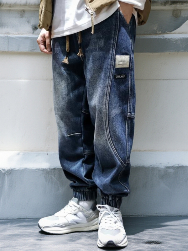 Ανδρικά τζιν σε αμερικανικό στυλ, βαρύ denim, χαλαρή γραμμή jogger με μανσέτες, vintage πλυμένα casual παντελόνια για άνοιξη και φθινόπωρο