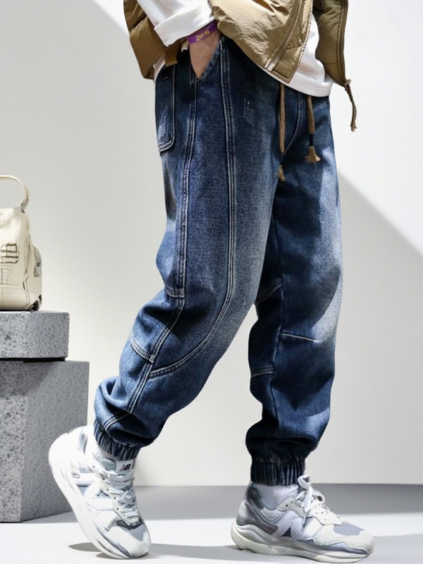 Ανδρικά τζιν σε αμερικανικό στυλ, βαρύ denim, χαλαρή γραμμή jogger με μανσέτες, vintage πλυμένα casual παντελόνια για άνοιξη και φθινόπωρο