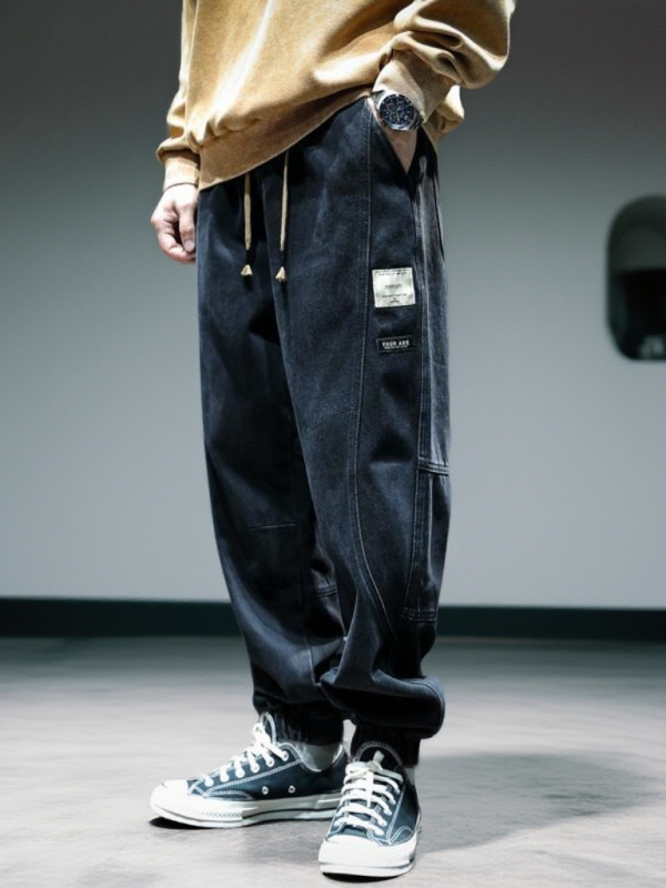 Ανδρικά τζιν σε αμερικανικό στυλ, βαρύ denim, χαλαρή γραμμή jogger με μανσέτες, vintage πλυμένα casual παντελόνια για άνοιξη και φθινόπωρο