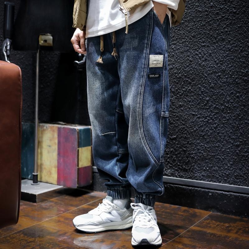 Ανδρικά τζιν σε αμερικανικό στυλ, βαρύ denim, χαλαρή γραμμή jogger με μανσέτες, vintage πλυμένα casual παντελόνια για άνοιξη και φθινόπωρο