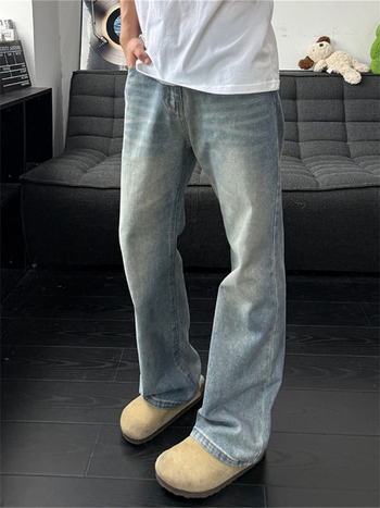 Ανδρικά τζιν denim, μπλε, υψηλή μέση, μικρο-φλέαρ, ίσιο κόψιμο, πλυμένο φινίρισμα, βαμβάκι, διακοσμητικά κορδόνια