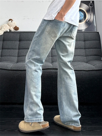 Ανδρικά τζιν denim, μπλε, υψηλή μέση, μικρο-φλέαρ, ίσιο κόψιμο, πλυμένο φινίρισμα, βαμβάκι, διακοσμητικά κορδόνια