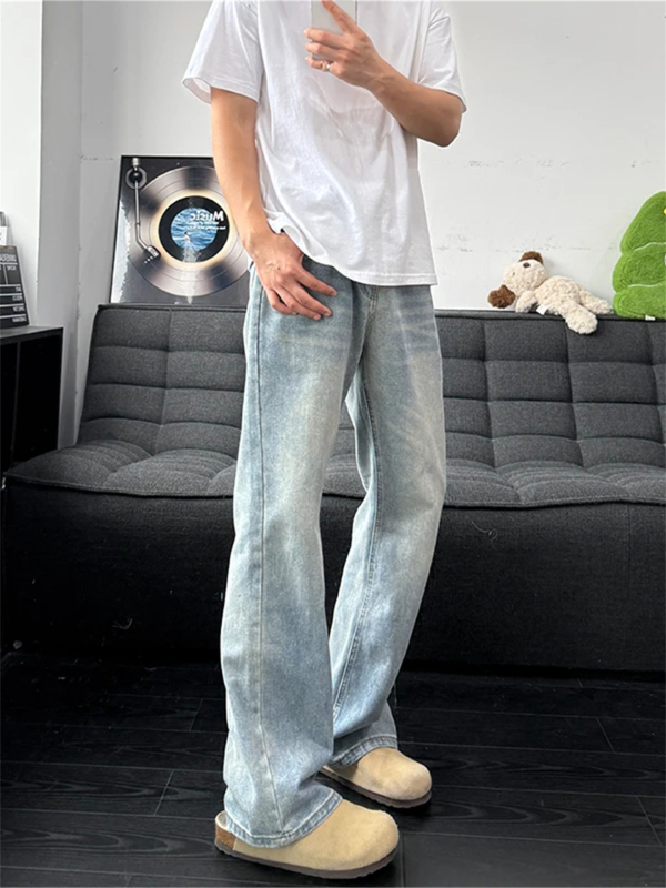 Ανδρικά τζιν denim, μπλε, υψηλή μέση, μικρο-φλέαρ, ίσιο κόψιμο, πλυμένο φινίρισμα, βαμβάκι, διακοσμητικά κορδόνια