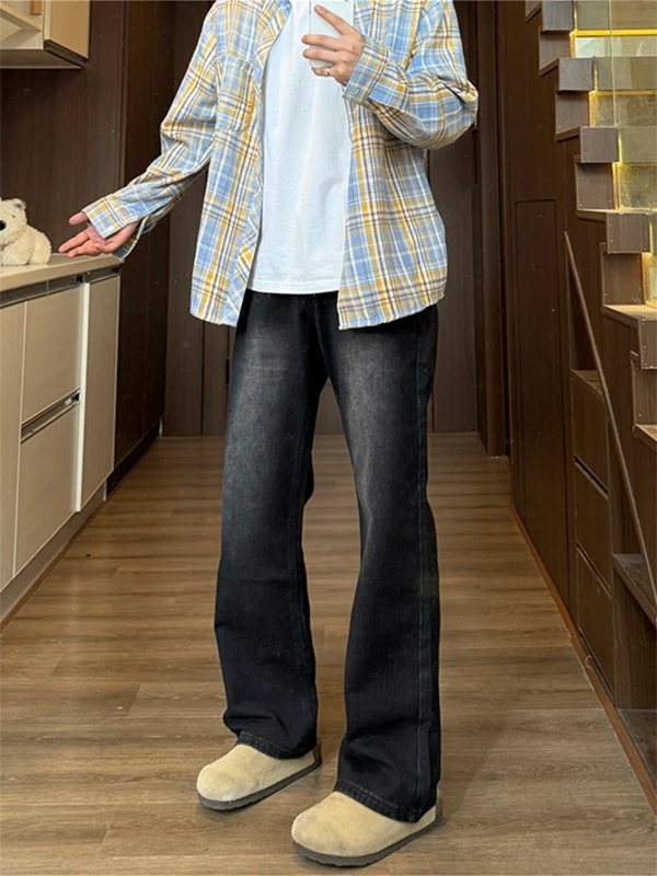 Ανδρικά τζιν denim, μπλε, υψηλή μέση, μικρο-φλέαρ, ίσιο κόψιμο, πλυμένο φινίρισμα, βαμβάκι, διακοσμητικά κορδόνια