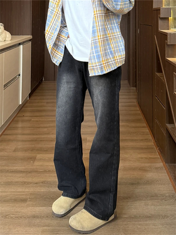 Ανδρικά τζιν denim, μπλε, υψηλή μέση, μικρο-φλέαρ, ίσιο κόψιμο, πλυμένο φινίρισμα, βαμβάκι, διακοσμητικά κορδόνια