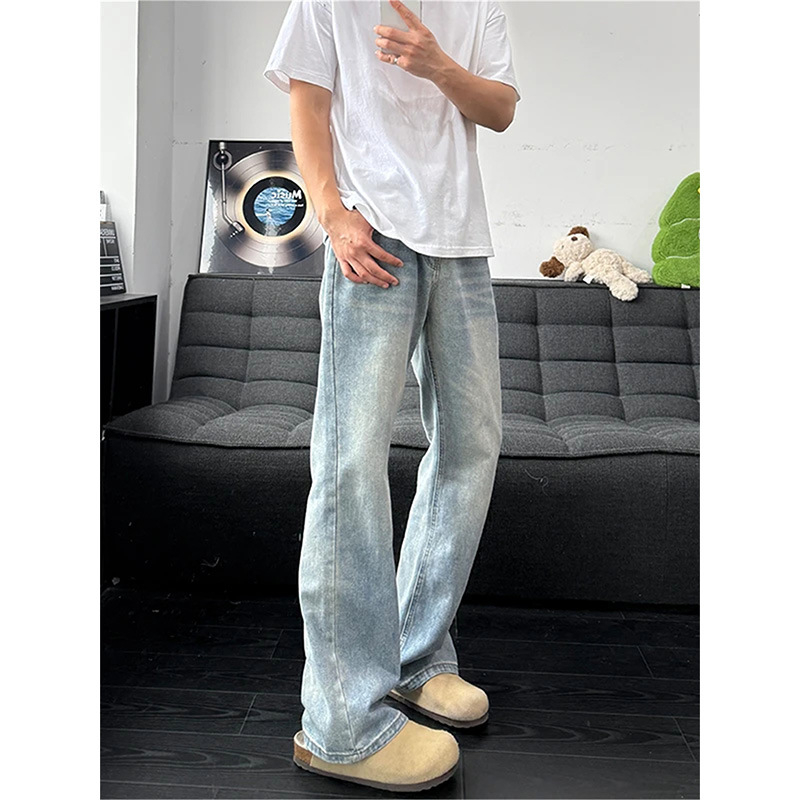 Ανδρικά τζιν denim, μπλε, υψηλή μέση, μικρο-φλέαρ, ίσιο κόψιμο, πλυμένο φινίρισμα, βαμβάκι, διακοσμητικά κορδόνια