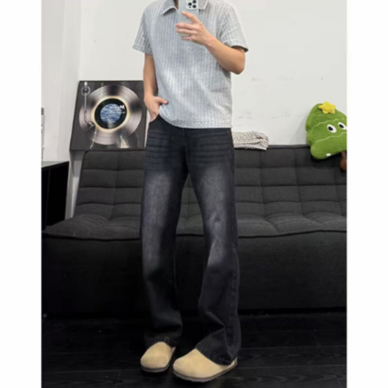 Ανδρικά τζιν denim, μπλε, υψηλή μέση, μικρο-φλέαρ, ίσιο κόψιμο, πλυμένο φινίρισμα, βαμβάκι, διακοσμητικά κορδόνια