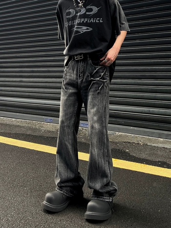 Traperice američkog retro stila s uzorkom pukotina poput munje, crna isprana, distressed, ležernog ravnog kroja, unisex