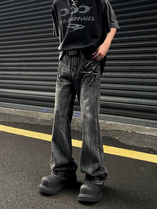 Traperice američkog retro stila s uzorkom pukotina poput munje, crna isprana, distressed, ležernog ravnog kroja, unisex