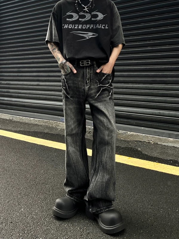 Traperice američkog retro stila s uzorkom pukotina poput munje, crna isprana, distressed, ležernog ravnog kroja, unisex