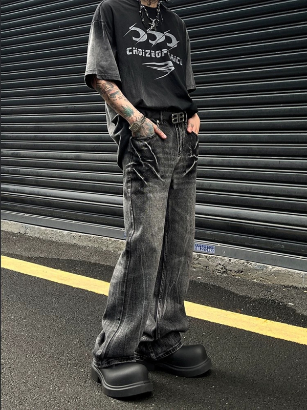 Traperice američkog retro stila s uzorkom pukotina poput munje, crna isprana, distressed, ležernog ravnog kroja, unisex