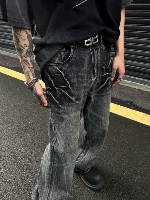 Traperice američkog retro stila s uzorkom pukotina poput munje, crna isprana, distressed, ležernog ravnog kroja, unisex
