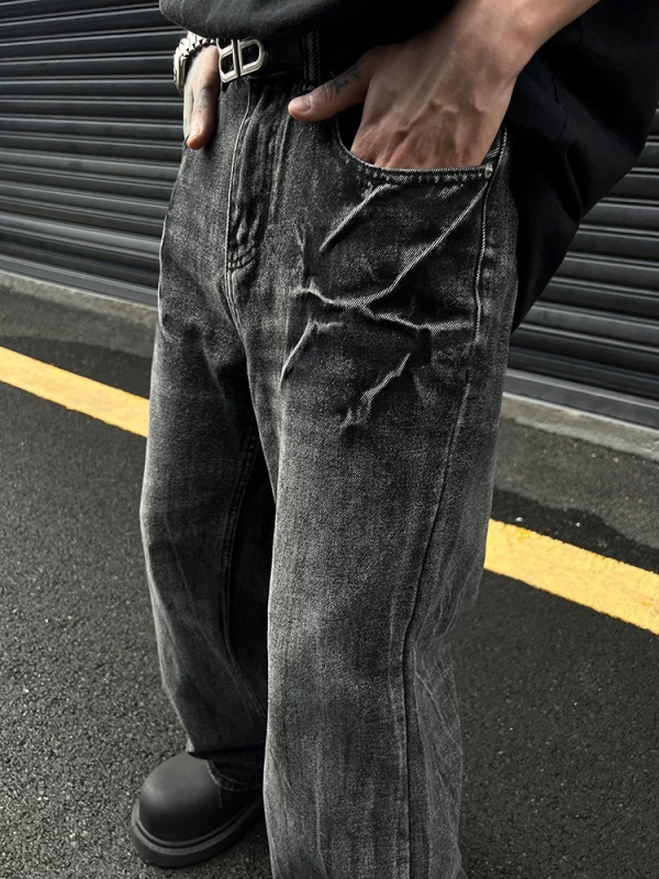 Traperice američkog retro stila s uzorkom pukotina poput munje, crna isprana, distressed, ležernog ravnog kroja, unisex