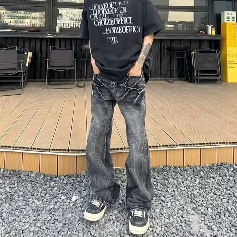 Traperice američkog retro stila s uzorkom pukotina poput munje, crna isprana, distressed, ležernog ravnog kroja, unisex