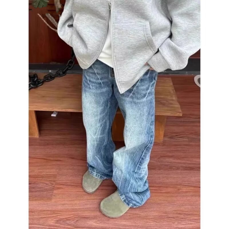 Traperice američkog retro stila s uzorkom pukotina poput munje, crna isprana, distressed, ležernog ravnog kroja, unisex