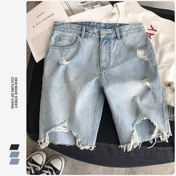 Muške ljetne traper kratke hlače, tanke, korejskog stila, s rupama, slim fit, s pet džepova