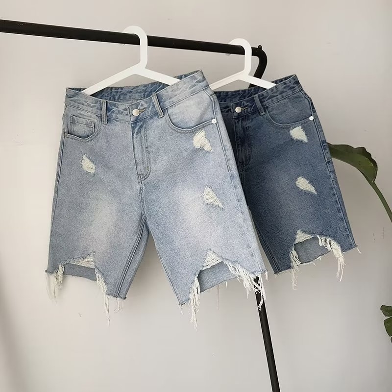 Muške ljetne traper kratke hlače, tanke, korejskog stila, s rupama, slim fit, s pet džepova
